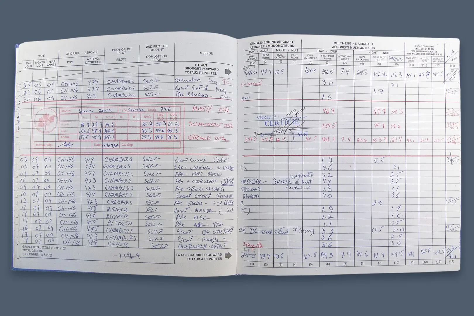 L’intérieur du carnet de vol du capitaine Gérard Caron avec des informations de vol, écrites à la main.