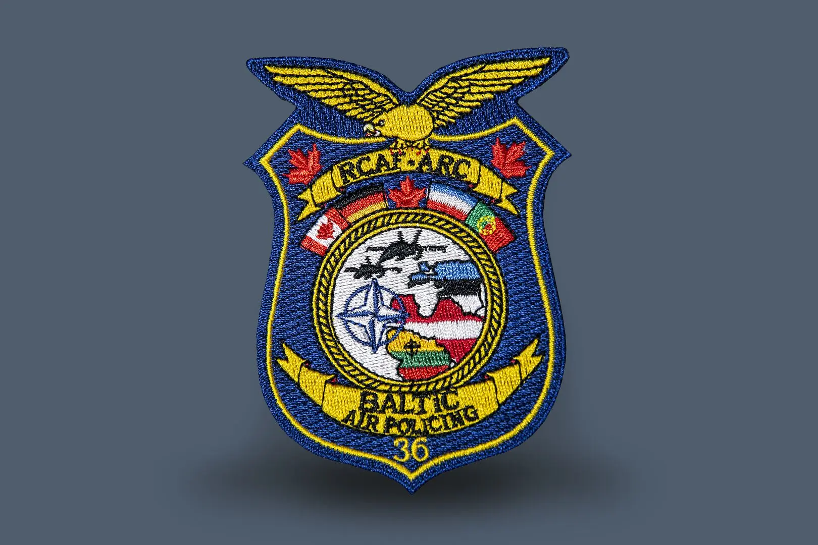 L’écusson au fond bleu est surmonté de l’aigle de l’Aviation royale canadienne jaune, sous lequel se trouvent les inscriptions «&nbsp;RCAF&nbsp;» et «&nbsp;ARC&nbsp;». Au centre, on trouve un cercle avec le logo de l’OTAN (une rose des vents blanche et bleue), deux CF-18 à gauche de la carte des pays baltiques&nbsp;: l’Estonie, la Lettonie et la Lituanie. Au-dessus de ce cercle apparaissent les drapeaux du Canada, de l’Allemagne, du Portugal et de la France. En dessous du cercle, il est inscrit «&nbsp;Baltic Air Policing&nbsp;» [Police du ciel baltique] avec le chiffre «&nbsp;36&nbsp;».
